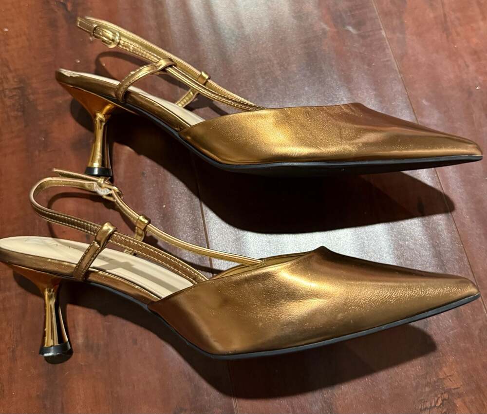 Nine West Metallic Gold Pointed Toe Kitten Heel Slingback Pumps Sz.10 - Picture 9 of 11